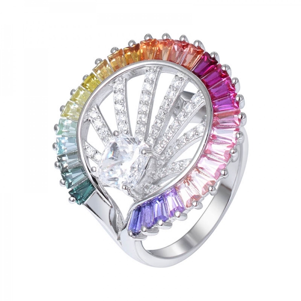 anillo de bodas de plata de ley con zafiro arcoíris simulado de corte cónico y rodio con arcoíris 