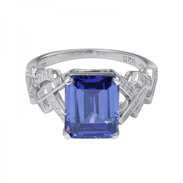 azul Tanzanita rodio creado en talla esmeralda sobre 925 anillo de plata esterlina 