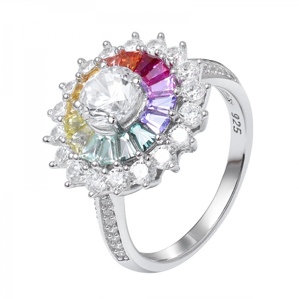 zafiro cónico colorido sobre rodio simulado 925 arco iris de plata esterlina compromiso anillo 