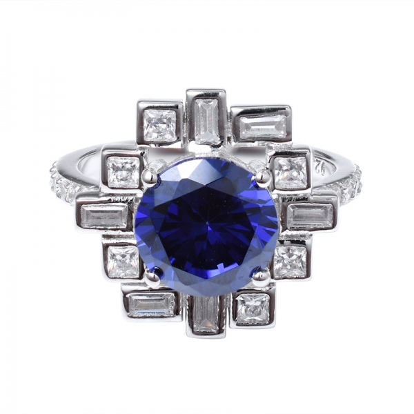 azul Tanzanita rodio creado en corte redondo sobre 925 anillo de plata esterlina 
