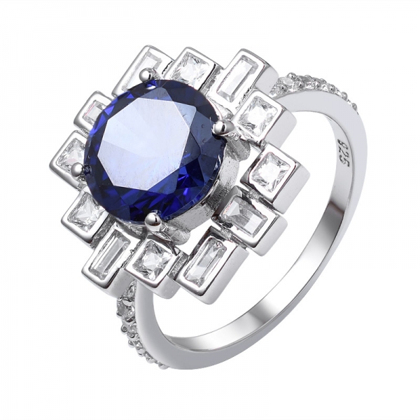azul Tanzanita rodio creado en corte redondo sobre 925 anillo de plata esterlina 