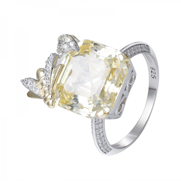Laboratorio creado amarillo Diamond Asscher Corte 2 tonos sobre anillo de compromiso de plata esterlina 