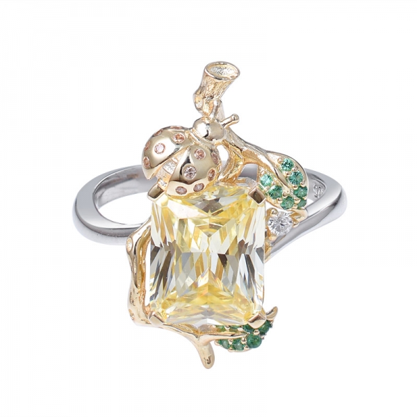 laboratorio creado diamante amarillo talla esmeralda 2 tonos sobre anillo de compromiso de plata de ley 