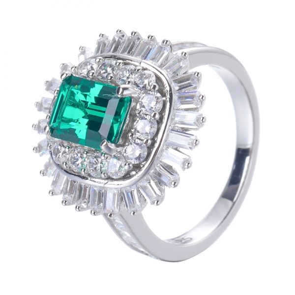 Creado verde esmeralda 1ct Rodio sobre anillo de compromiso de plata esterlina 