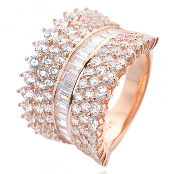 Baguette corte blanco cúbico zirconia rosa oro sobre anillo de compromiso de plata esterlina 