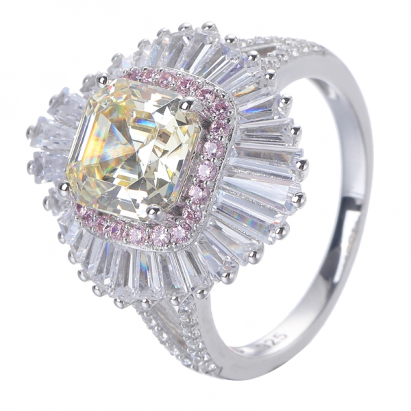 Diamante amarillo simulado Asscher Corte el rodio sobre el anillo de bodas de plata esterlina 