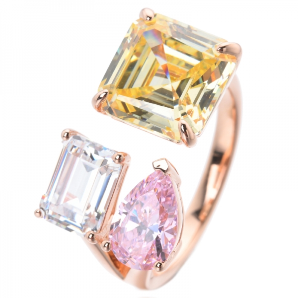  Asscher & Pear & Emerald Oro rosa sobre plata esterlina 3 piedras Anillos de compromiso antiguos 