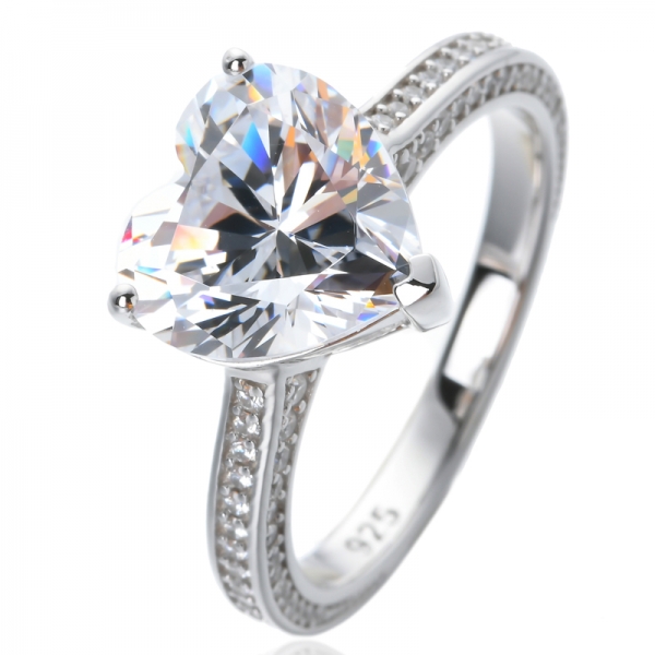 Zirconia cúbica blanca corta corazón rodio sobre plata de ley anillos de compromiso de boda 
