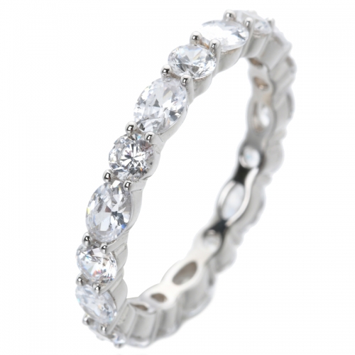  Óvalo y ronda Rodio cúbico blanco sobre joyería de plata esterlina anillo de eternidad