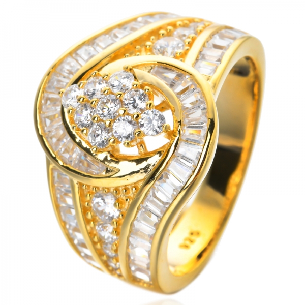 Oro amarillo de 18 quilates sobre plata esterlina Trape blanco y anillo de círculo de derivación de diamantes redondos con circonitas cúbicas 