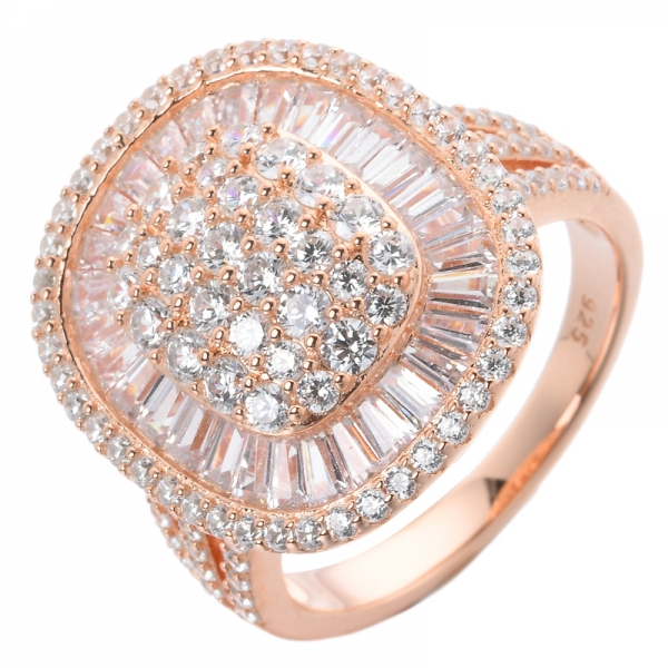 Trapecio de oro rosa de 18 quilates y anillo redondo de diamantes con cz en racimo 