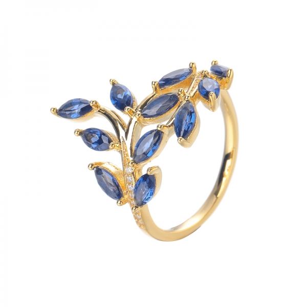 anillo de bodas en forma de hoja de olivo de plata esterlina chapada en oro amarillo con piedras preciosas de zafiro azul creado 