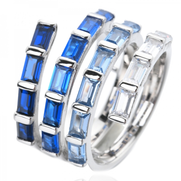 anillo de compromiso de plata esterlina rodio corte baguette espinela azul gema eternidad 