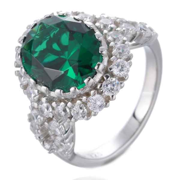 anillo de promesa de plata de ley 925 con circonita cúbica blanca y nano esmeralda verde ovalada 