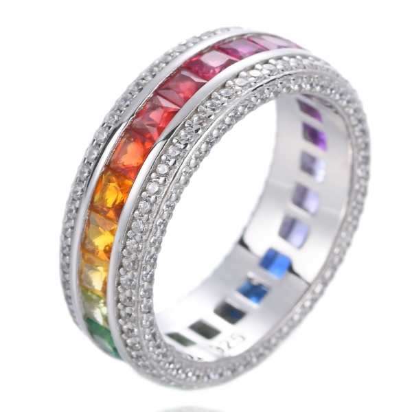 anillo de compromiso de circón cuadrado arcoíris anillo de banda de eternidad apilable colorido 