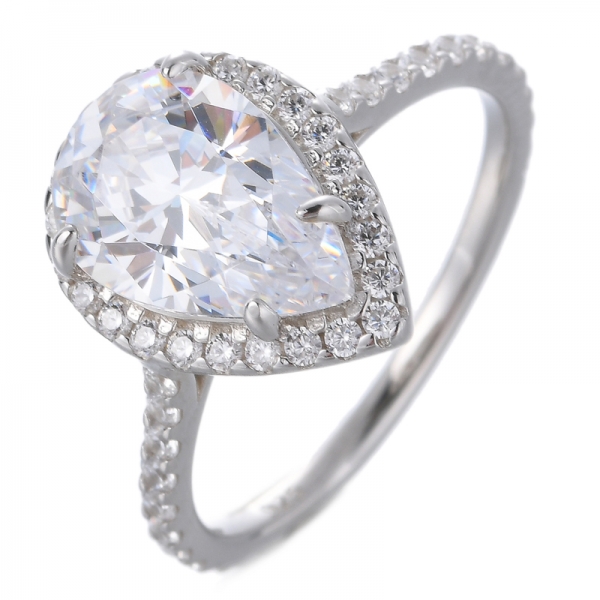 anillo de bodas de compromiso de circonia cúbica CZ con corte de pera y halo en forma de lágrima chapado en oro blanco
 