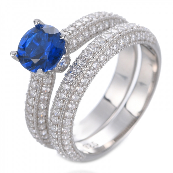 anillo redondo de plata de ley 925 con zafiro azul simulado
 