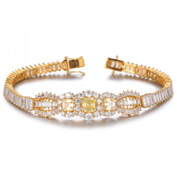 Pulsera de halo de corte Asscher con diamantes amarillos de plata de ley 925
 