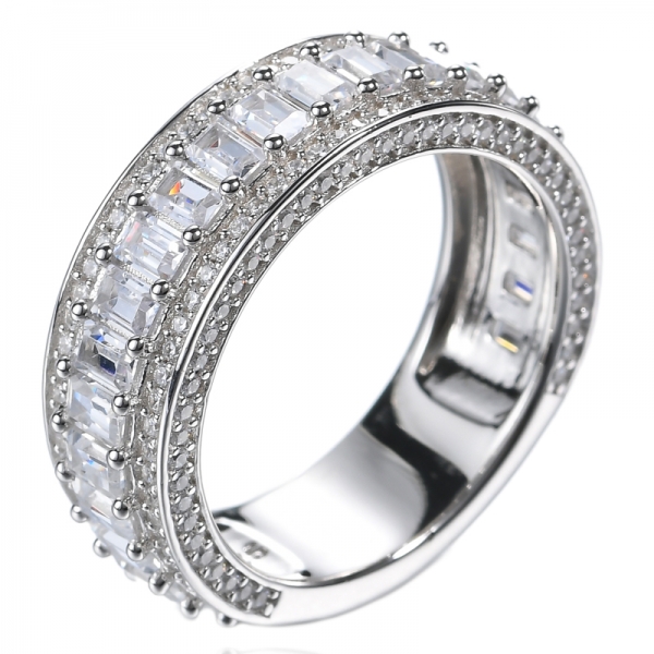 Anillo de boda de plata esterlina con diamantes de forma redonda y talla baguette
 
