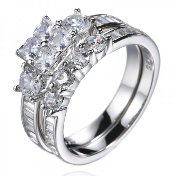 Juego de anillos de compromiso de boda de plata esterlina con circonita cúbica CZ de corte princesa
 