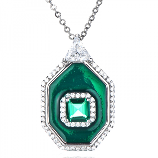 Collar con colgante de esmalte verde esmeralda CZ personalizado de plata de ley 925 a la moda
 