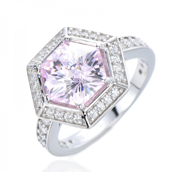 Anillos de halo de circonita cúbica de corte hexagonal con diamante rosa claro de plata de ley 925 