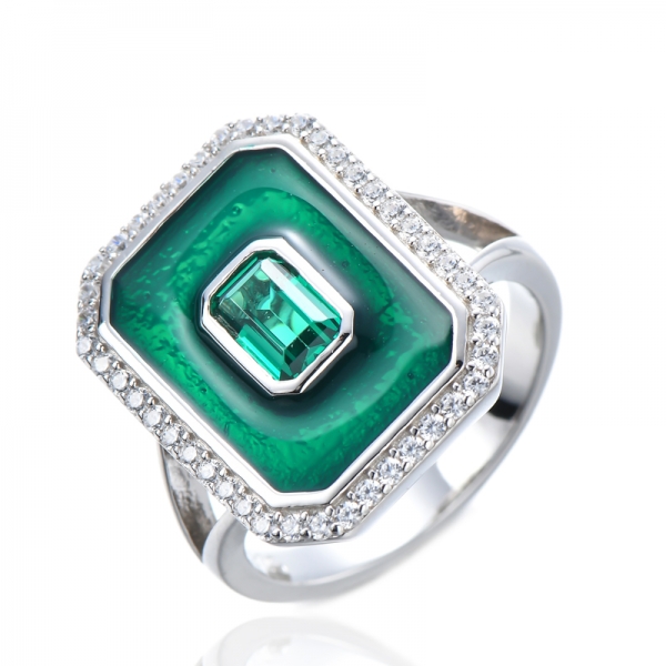Anillo de compromiso para mujer con esmalte verde esmeralda y diamante cúbico blanco creado 