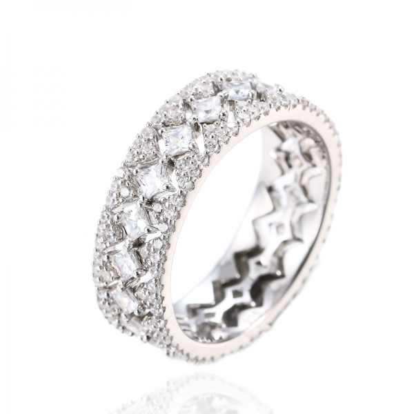 Sólido 925 plata esterlina blanco Sauqre Princess CZ Eternity Band Ring 