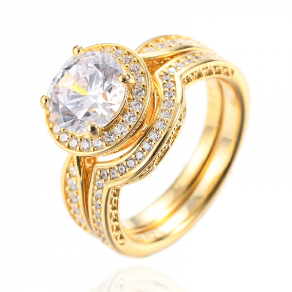 Juego de anillos de plata esterlina de oro amarillo para novia cúbico simulado blanco de corte redondo 