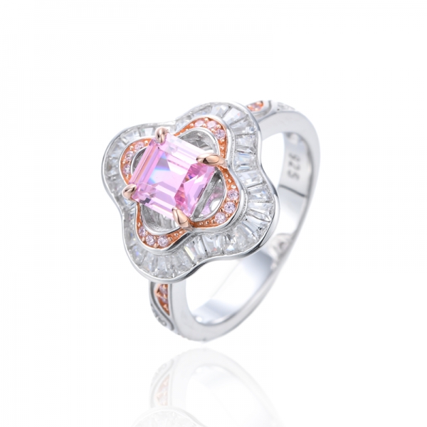 Anillo Asscher de plata con circonita cúbica rosa y blanca y baño de rodio y oro rosa 