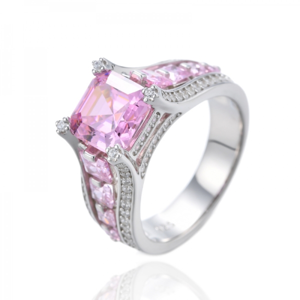 Anillo Asscher Y Cuadrado Con Circonita Rosa En Plata Rodiada 