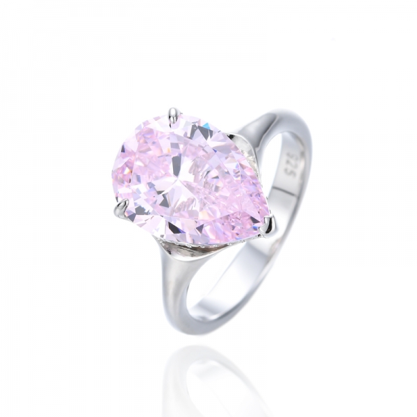 Anillo de plata rodiada con circonita cúbica rosa en forma de pera 