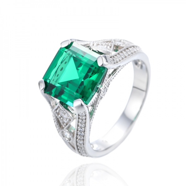 Anillo Asscher Nano Verde Y Circonita Blanca Redonda Plata Rodiada 