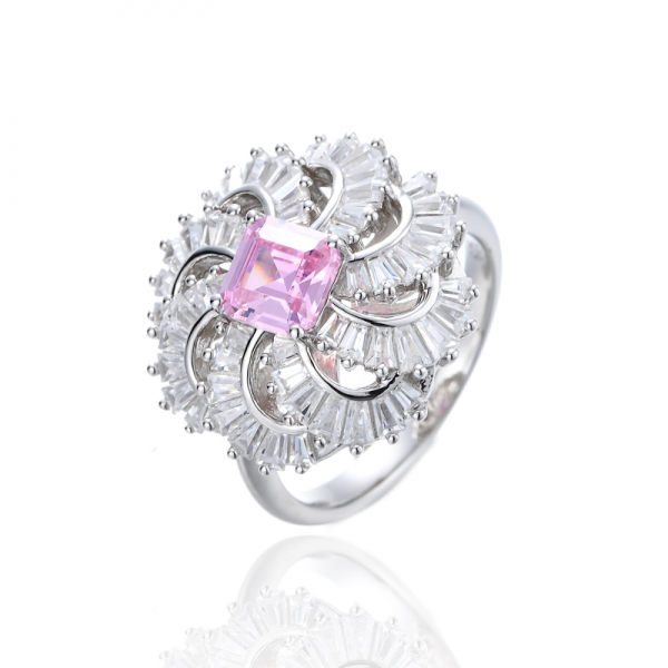 Anillo Asscher de plata rodiada con circonita cúbica rosa y blanca 