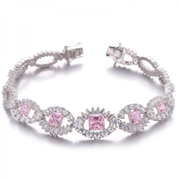 Pulsera de plata con baño de rodio y circonita cúbica rosa y blanca octágono 