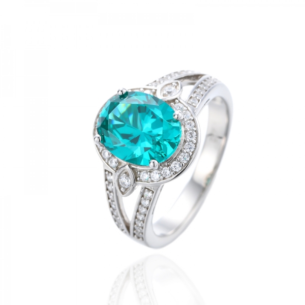 Anillo De Paraiba De Forma Ovalada Y Circonita Blanca Redonda En Plata Rodiada 