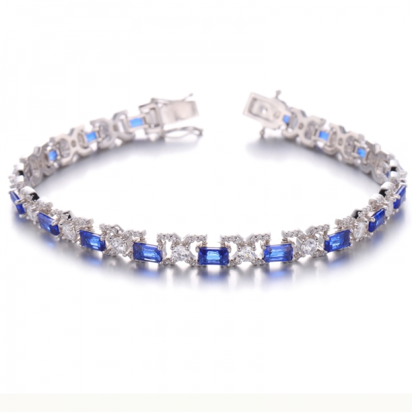 Pulsera De Plata Con Baño De Rodio De Circonita Cúbica Blanca Redonda Nano Azul Baguette 