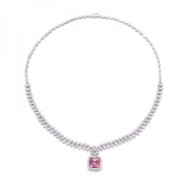 Collar Asscher de plata con baño de rodio y circonita cúbica rosa y blanca 