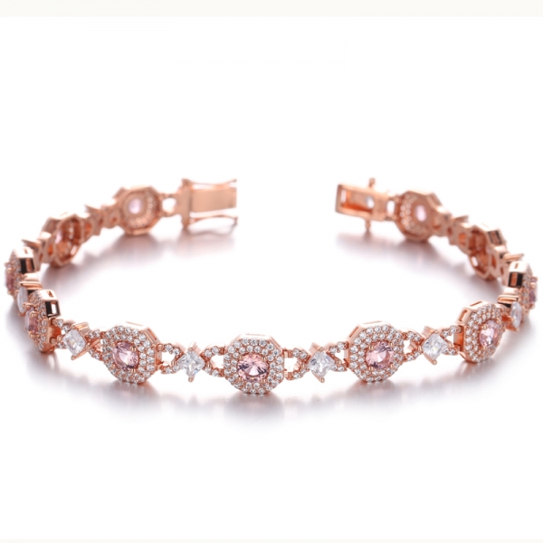 Pulsera De Plata Con Nano Morganita Redonda Y Circonitas Blancas Y Chapado En Oro Rosa 