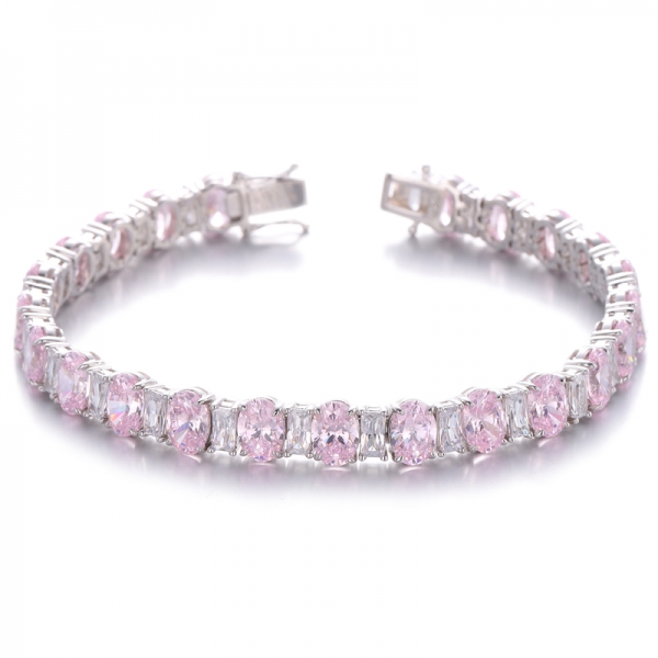 Pulsera de plata con baño de rodio y circonita cúbica blanca de forma ovalada rosa y baguette 