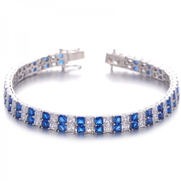 Pulsera de plata con baño de rodio y circonita cúbica blanca nano azul octágono 