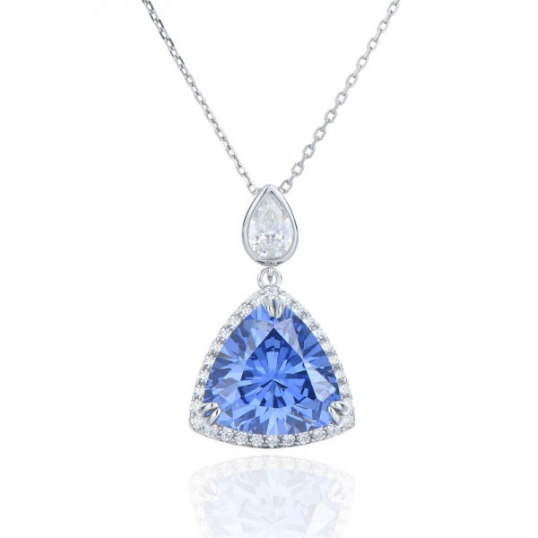 Trillion Tanzanite And White Cubic Zircon Rhodium Silver Pendant 