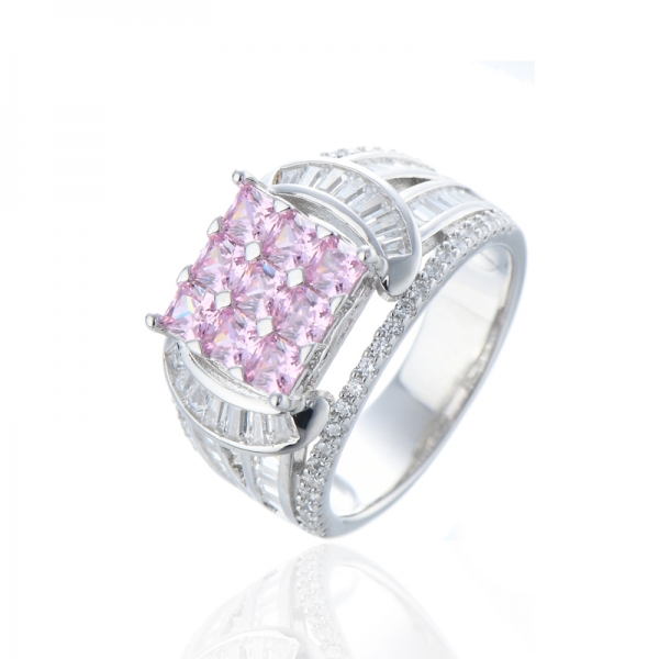 Anillo octágono de plata rodiada con circonita cúbica rosa y blanca 