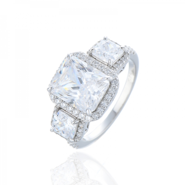 Anillo de plata rodiada con circonita cúbica blanca redonda y tanzanita octágono 925 