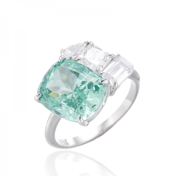 Anillo Cojín De Paraiba Y Circonita Blanca En Plata Rodiada 