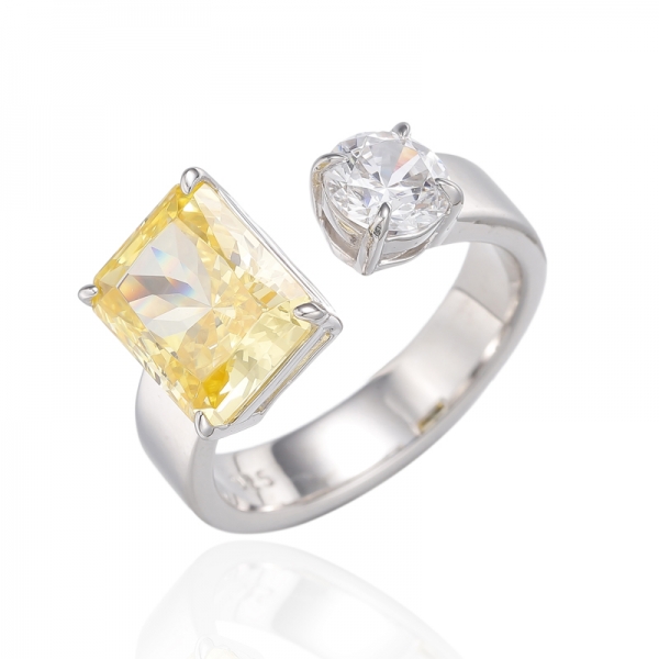 Anillo abierto de plata rodiada con circonita cúbica blanca redonda y diamante esmeralda amarillo y redondo 