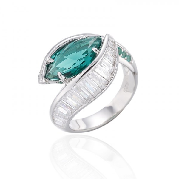 Marquise Green Nano And White Cubic Zircon Rhodium Silver Ring 