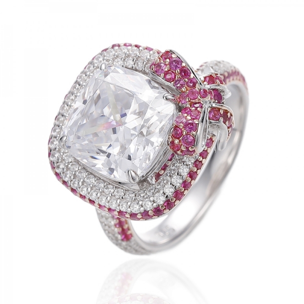 Cushion White Cubic Zircon And Round Red Corundum Rhodium Silver Ring 