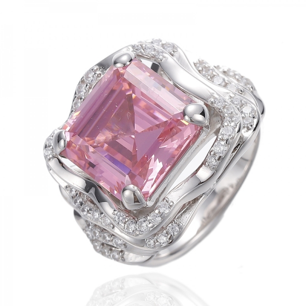 Anillo de plata rodiada con circonita cúbica blanca redonda y rosa con diamantes Asscher 