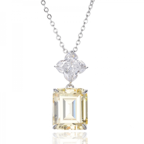 Colgante de plata rodiada con circonita cúbica blanca en forma de flor y diamante esmeralda amarillo 